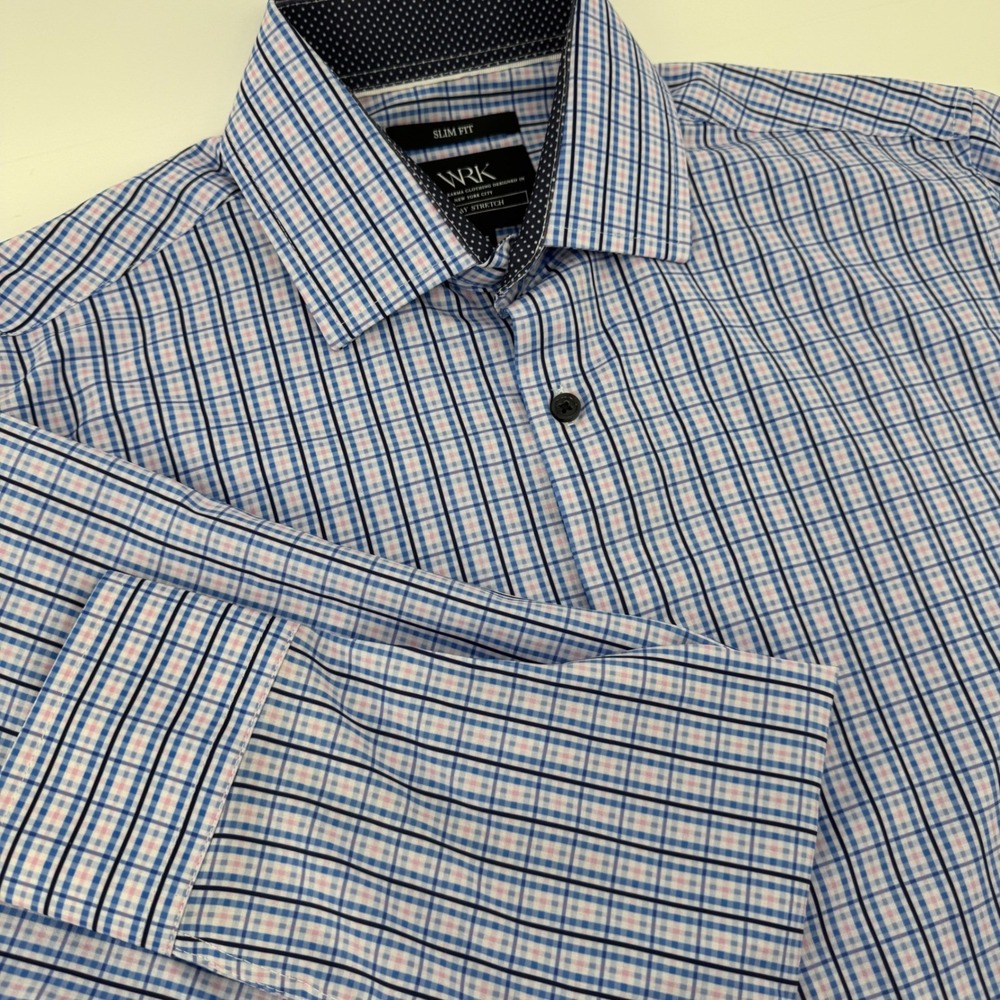 WRK Slim Fit Blue Pink Micro Check 4-Way Stretch Dress Shirt Mens 15 S